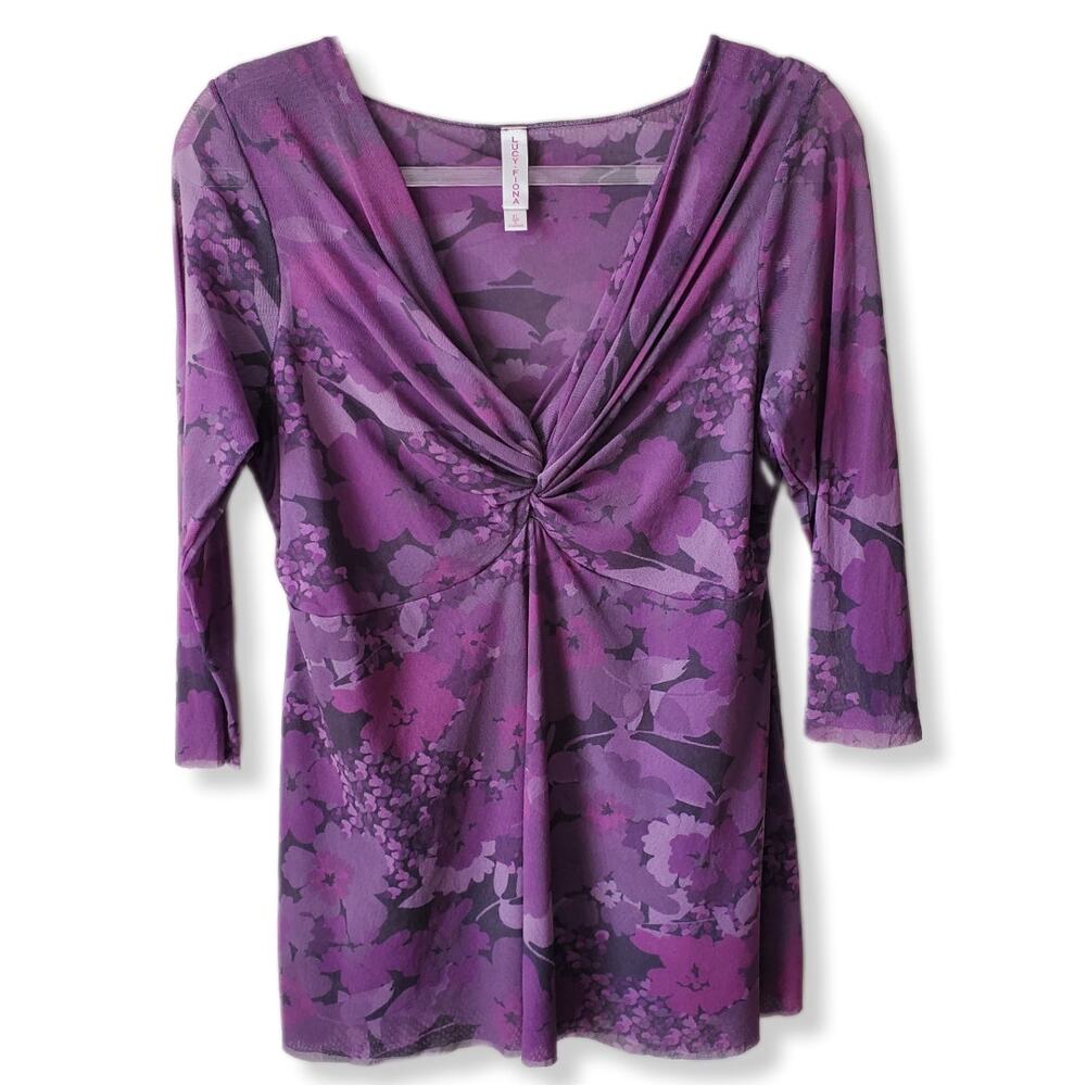 Y2K Women Mesh Babydoll Purple Sheer Floral Top XL Dark Coquette Grunge Fairy